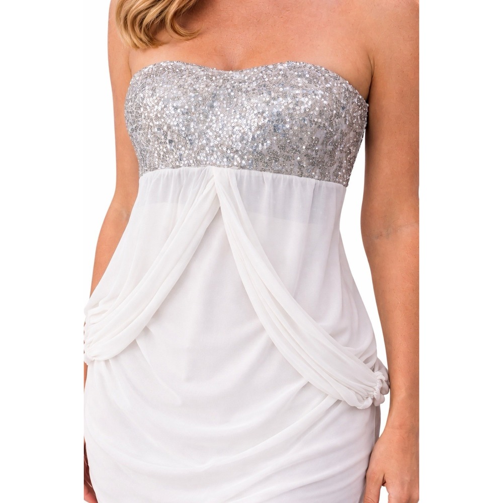White Sequin Strapless Mini Dress Small Bodycon Club Party Chiffon Silver